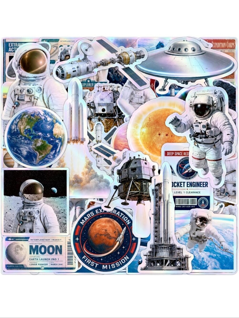 Space Exploration Wall Sticker Set - Iridescent Holographic Astronaut Decals